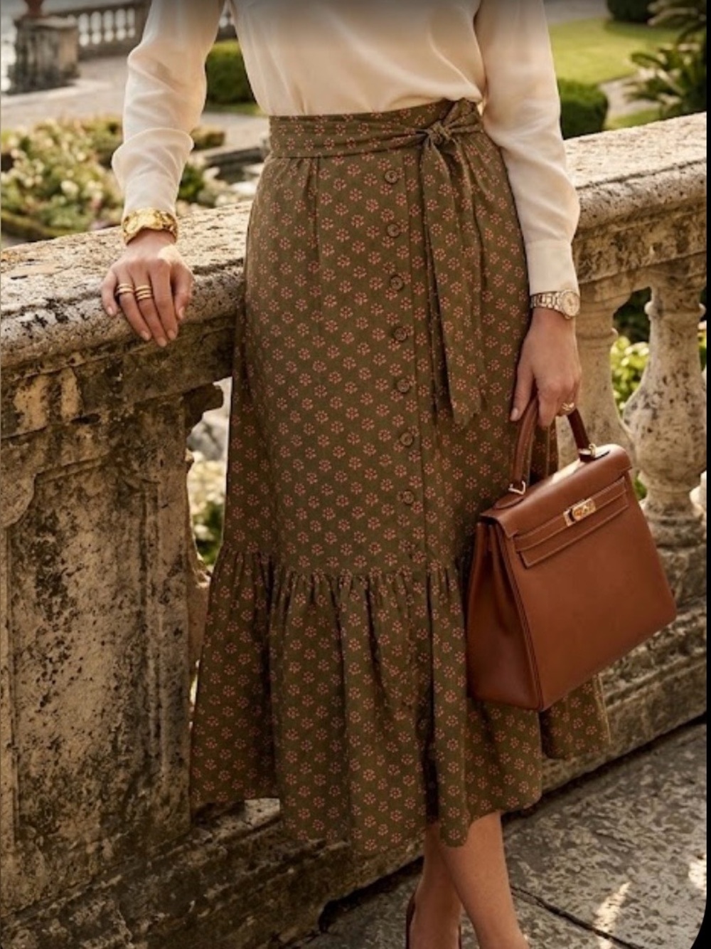 New Tulip B Olive green Floral A-Line Skirt with Button Front Modern Vintage